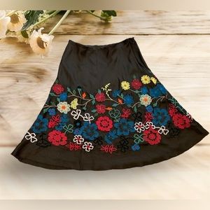 Johnny Was silk floral embroidered BoHo chic, a line skirt